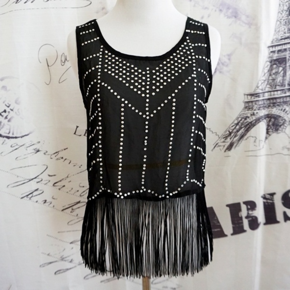 Black Rhinestone Tank Top Sheer Fringed - Size S